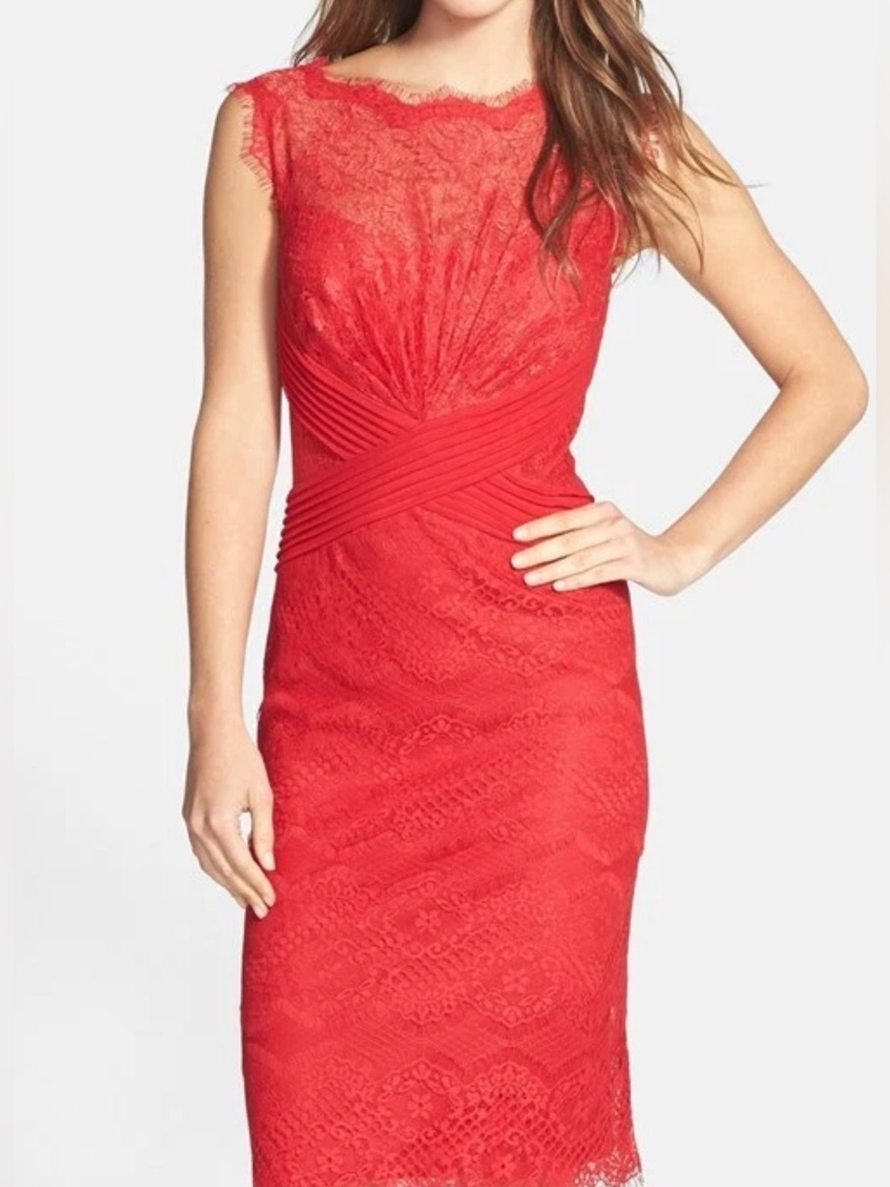 Tadashi Shoji Vibrant Red Lace Evening Dress - Picture 5 of 6